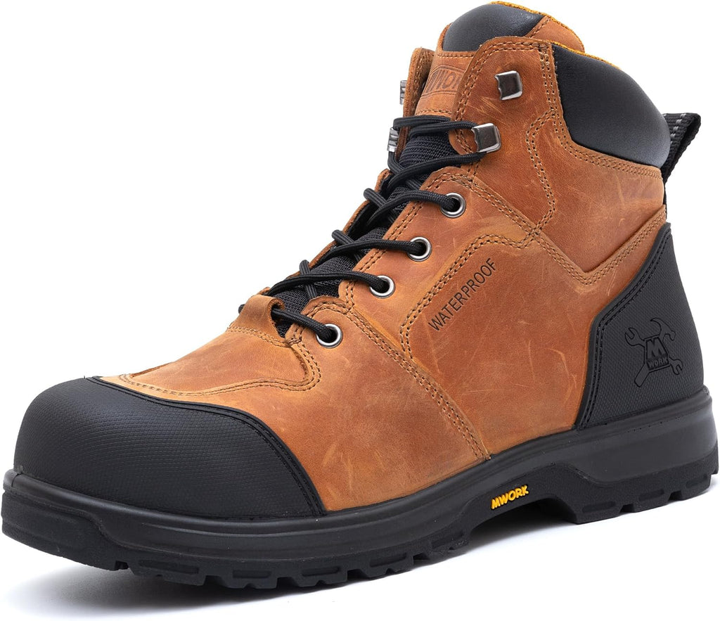 MWORK 6" Work Boots For Men Waterproof Leather ASTM F2413-18 Composite Safety Toe EH Rated Arch Support Anti Fatigue