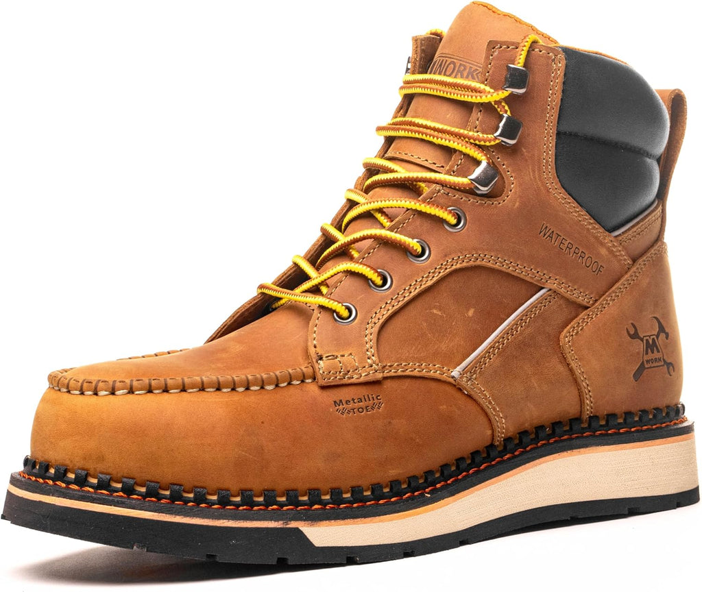 MWORK 6" Moc Toe Work Boots For Men Wedge Sole Leather Waterproof ASTM F2413-18 Safety Metallic Toe EH Rated Arch Support Anti Fatigue