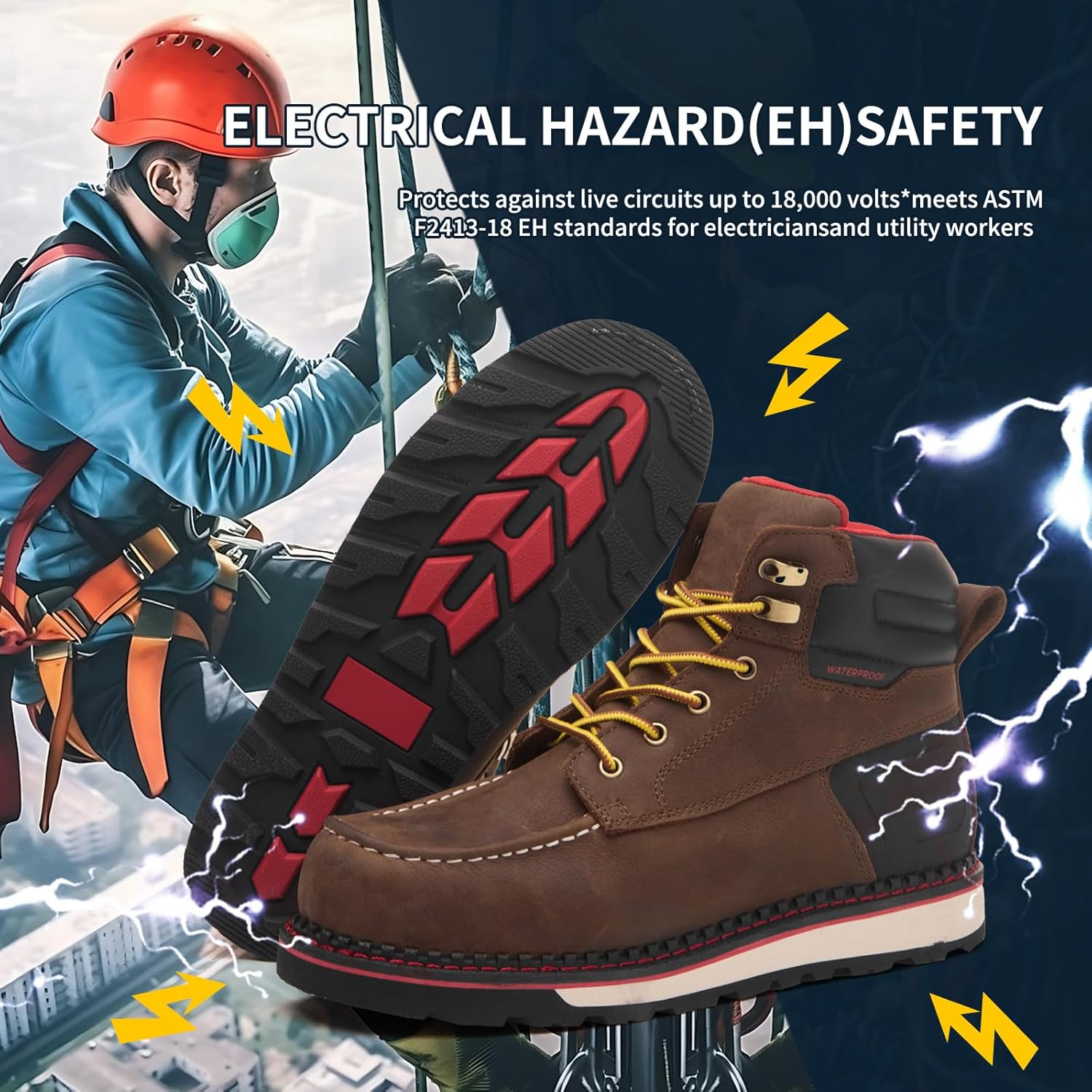 MWORK Welted Blunt Men's 6" Moc Toe Waterproof Work Boots, Comp Toe, Puncture Proof, Slip Resistant Wedge Sole, Coolmax Comfort Leather Safety Boot, Anti-Fatigue, ASTM F2413 Electrical Hazard RR7129