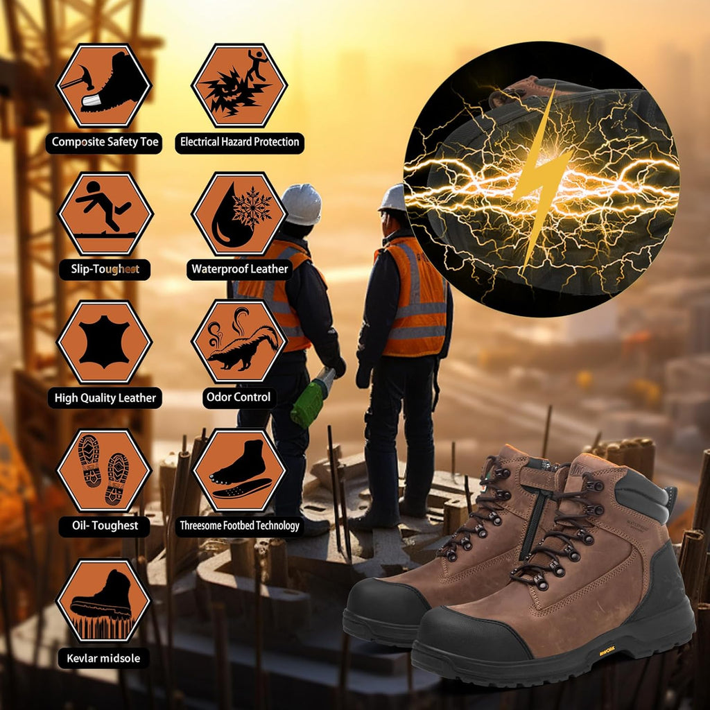 MWORK 6" Safety Work Boots For Men Waterproof ASTM F2413-18 Composite Toe Puncture Proof EH Rated Non Slip YKK Zipper Side Industrial & Construction Chairman MW2302